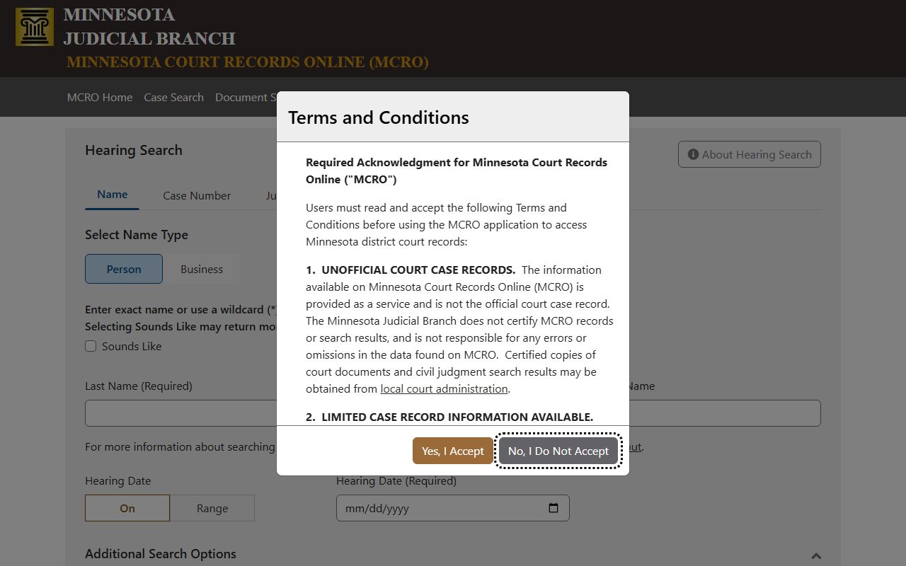 Mille Lacs County court dockets MCRO hearing search interface