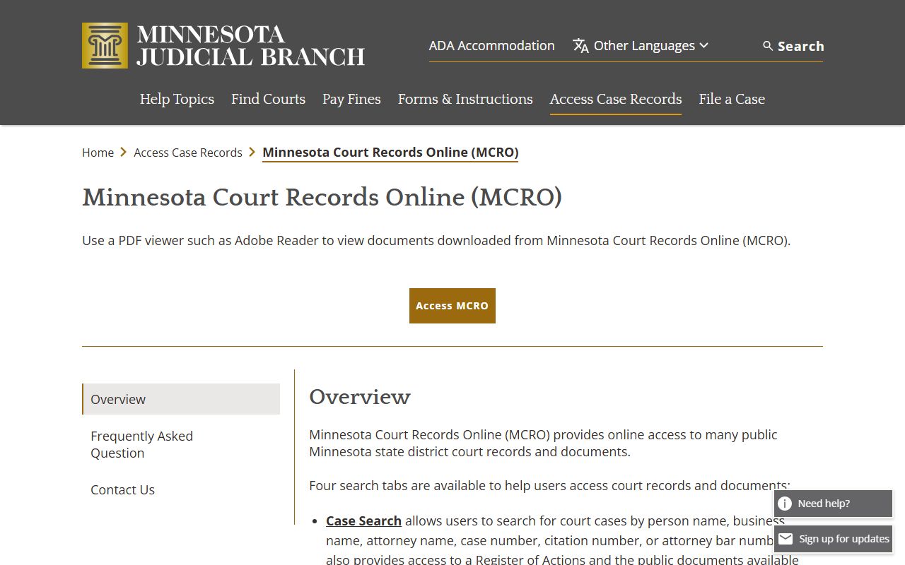 Mille Lacs County court dockets MCRO overview page