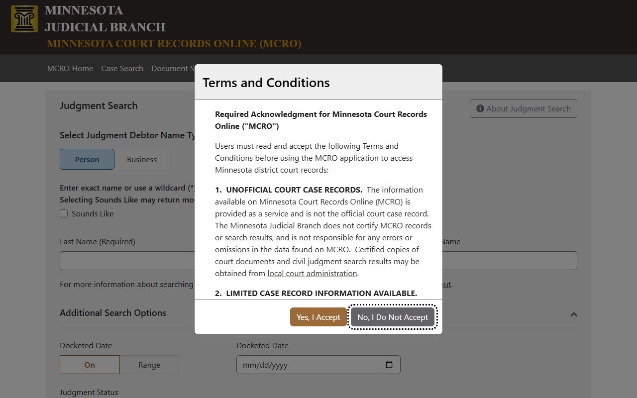 Mille Lacs County court records MCRO judgment search screen