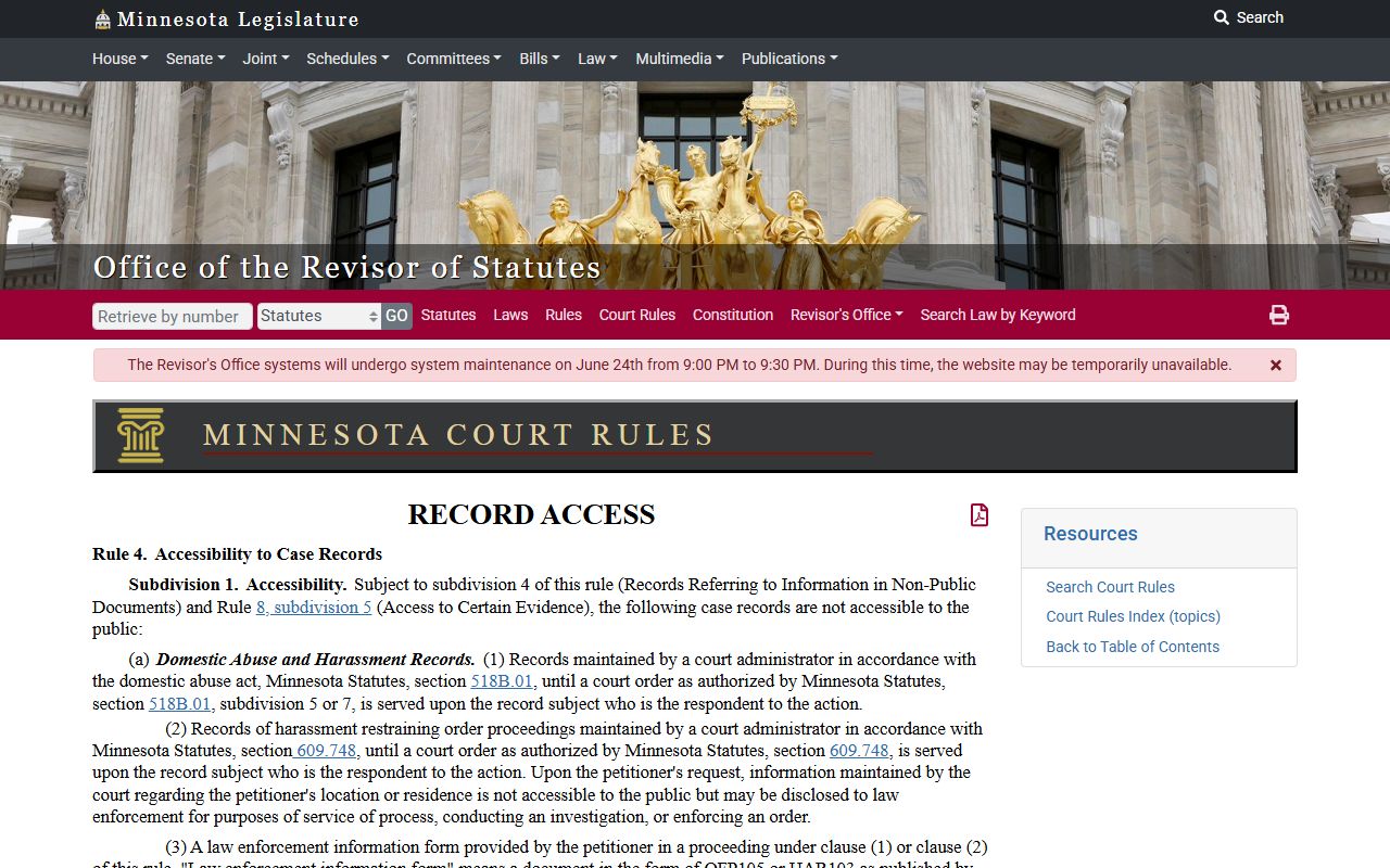 Mille Lacs County District Court Rule 4 accessibility to case records