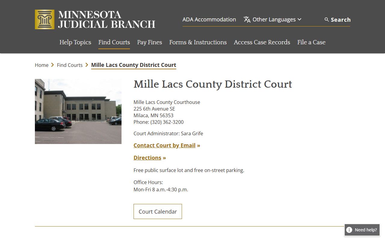 Mille Lacs County court records District Court page