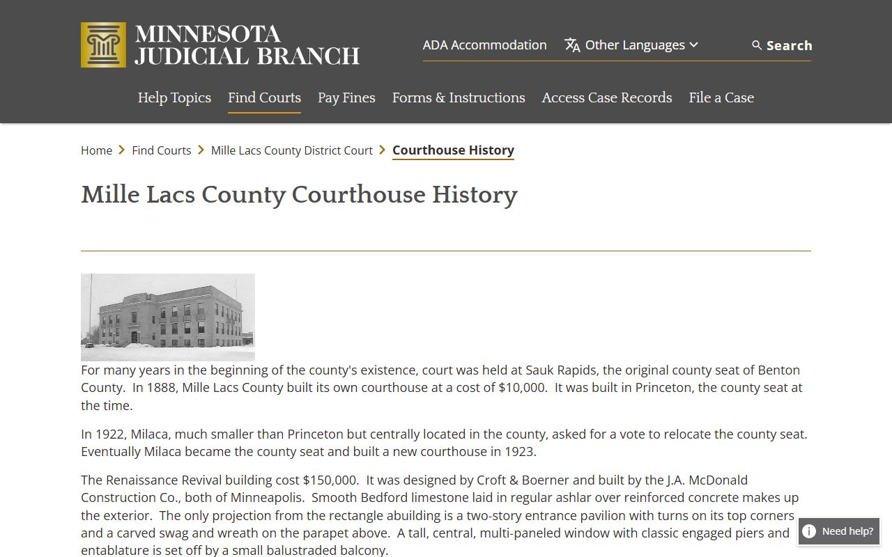 Mille Lacs County court records courthouse history from Judicial Branch