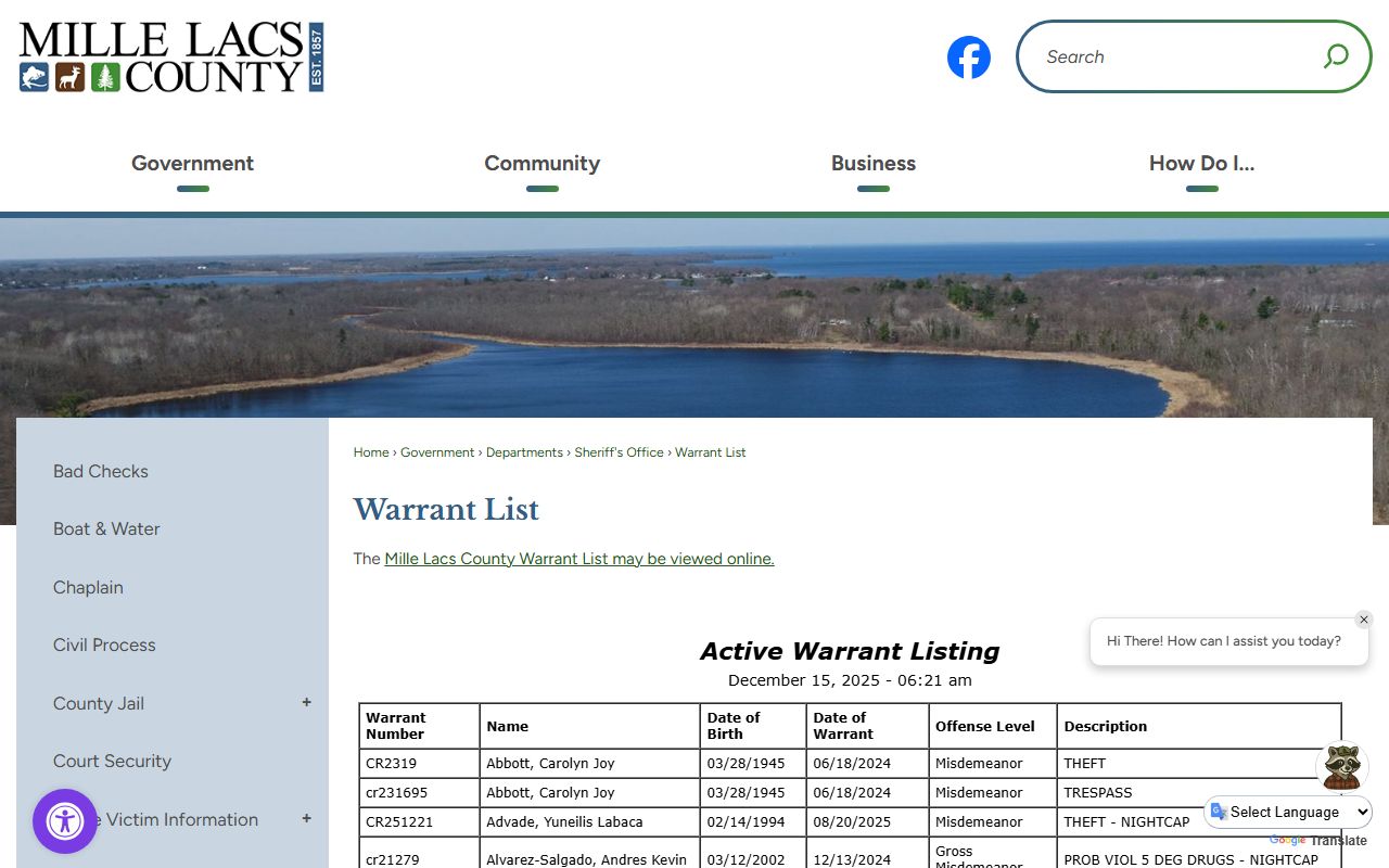 Mille Lacs County warrant search list landing page